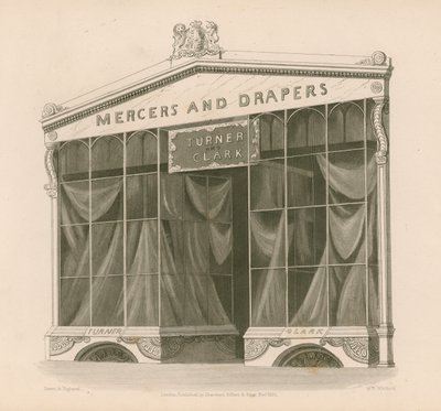 Butiksfront for Mrs Turner og Clark, Mercers and Drapers, Coventry Street, London af Nathaniel Whittock