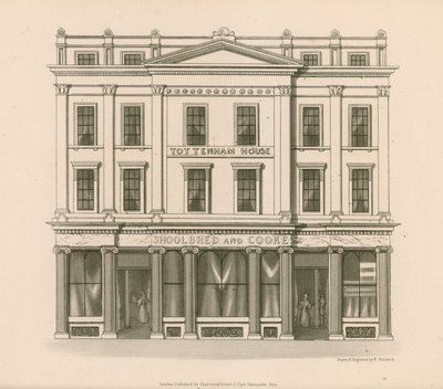 Butik foran Shoolbred and Cooke, Drapers, Tottenham Court Road, London af Nathaniel Whittock