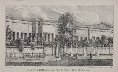 Udsigt over det nye bibliotek på British Museum, ca. 1830 (litho) af Nathaniel Whittock