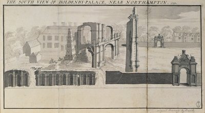 Holdenby House og ruinerne set fra syd, som det sås i 1729 af Nathaniel and Samuel Buck