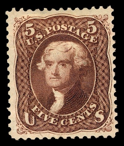 5c Thomas Jefferson genudgiver single, 1875. af National Bank Note Company