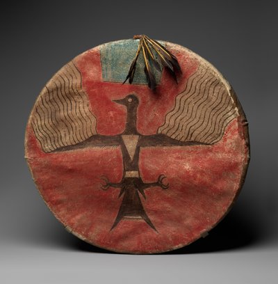 Skjold, ca. 1885 (garvet læder, pigment, træ og fjer) af Native American