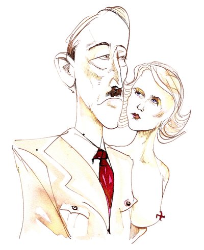 Adolf Hitler med sin elskerinde Eva Braun - karikatur i farver af Neale Osborne