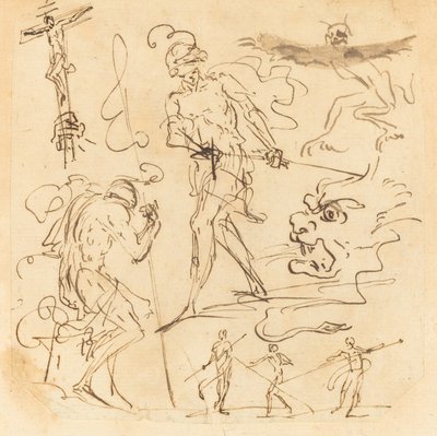 Ark med studier med en soldat, der tegner et sværd, et krucifiks, monstrøse dyr og andre figurer af Neapolitan 17th Century