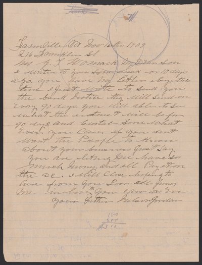 Brev fra Nelson Jordan til Julia Womack med en konvolut, 16. november 1909. af Nelson Jordan