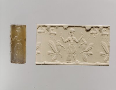 Cylinderforsegling og moderne indtryk: mandlig figur, der dominerer løver med menneskehoved, ca. 8.-7. århundrede f.Kr. (kalcedon) af Neo Assyrian Neo Assyrian