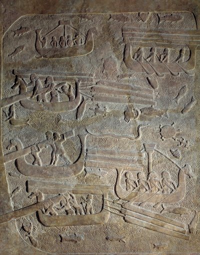 Mesopotamien i den ny-assyriske æra (omkring 1000-612 f.Kr.): "" Søekspedition, transport af træ fra Libanon langs den fønikiske kyst, lastning af både""" 8. århundrede f.Kr. Fra Khorsabad (Khunsabad) Paris, Musee du Louvre af Neo Assyrian Neo Assyrian