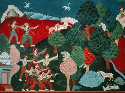 En konge, der bruger sine dage på at dræbe fattige gazeller uden grund, senere, i et andet liv, er han gazelle og bliver dræbt af jæger, detaljer fra Swayambhu Purana, vigtig buddhistisk hellig tekst i Nepal, gouache, nepalesisk civilisation af Nepalese School
