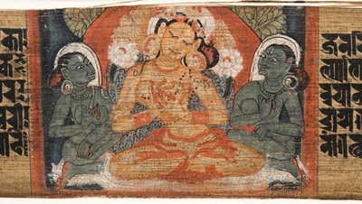 Folio 2r Goddess Prajnaparamita, fra Astasahasrika Prajnaparamita (blæk & farver på palmeblade og træ) (detalje af 430760) af Nepalese School