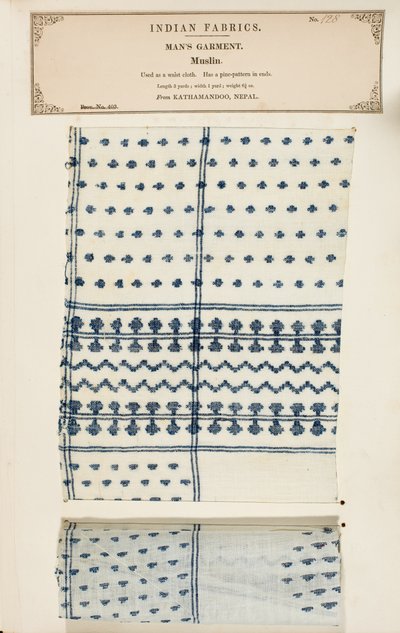 Muslinprøve fra Kathamandoo i Nepal, fra The Collection of the Textile Manufacturers of India, af John Forbes Watson, udgivet i 1866 af Nepalese School