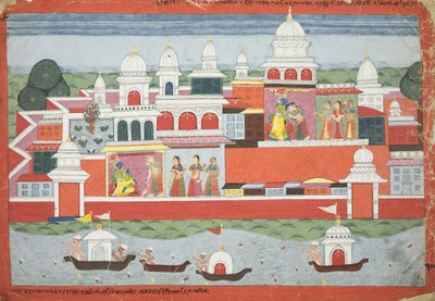 Rukmini søger Krishnas tilladelse til at besøge sin bror Rukma, side fra et manuskript af Bhagavata Purana, ca. 1775 af Nepalese School