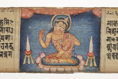 Siddende Bodhisattva, fra Gandavyuha (ugennemsigtigt toilet & blæk på palmeblad) af Nepalese School