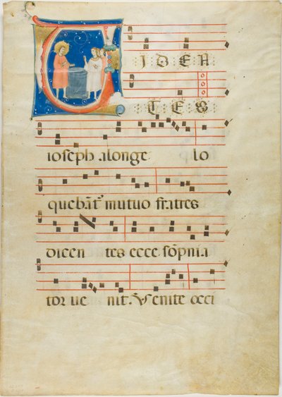 Joseph og hans brødre ved brønden, indledende V fra et antifonarium af Neri da Rimini