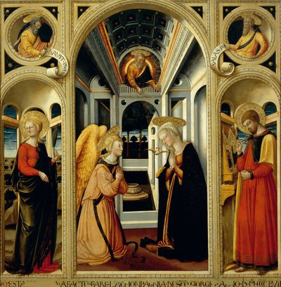 Bebudelse, der viser Skt. Apollonia, Skt. Lukas og profeterne David og Esajas, af Neri di Bicci (1418-1492) af Neri di Bicci
