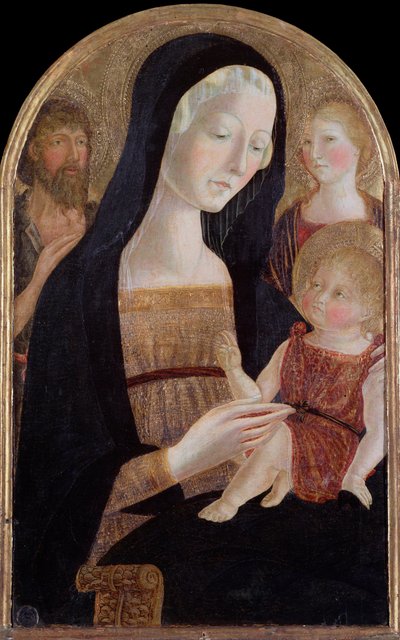 Jomfru med barn og helgener Johannes Døberen og Maria Magdalena - Maleri, omkring 1470 af Neroccio di  Landi