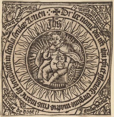 Guddommeligt spædbarn med kloden i en cirkel med fire engle af Netherlandish 15th Century
