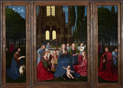Jomfruen og barnet med hellige og engle i en have, ca. 1500 af Netherlandish Master