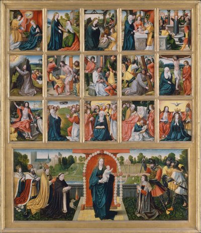 De femten mysterier og rosenkransens jomfru. af Netherlandish Painter