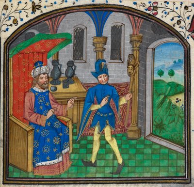Harley 3000, f.189 Et fjols med sin herre, fra en timebog af Mildmay Master, ca. 1460-70 (vellum) af Netherlandish School