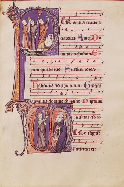 Historikerede initialer P, der viser værtens højde, og D, der forestiller kirken og synagogen, fra et missal fra klosteret St. Peter den Store af Netherlandish School