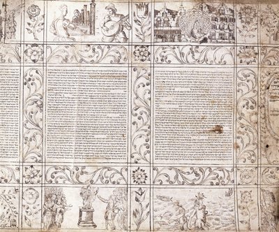 Oplyst manuskript i sefardisk skrift, der viser scener af hollandsk liv og Bibelen med blomsterkartoucher, 1600-tallet af Netherlandish School