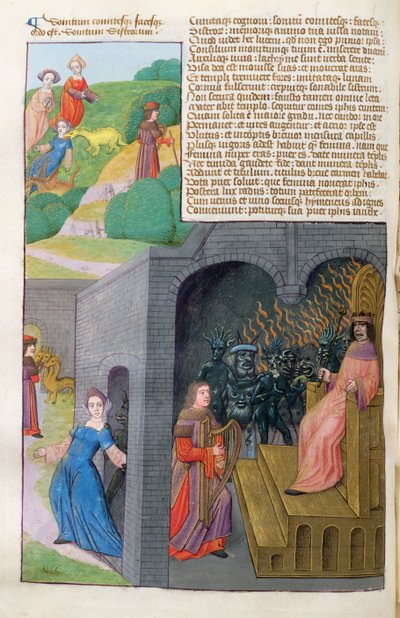 Ms 324 f.101 v. Orpheus og Eurydice, Cerberus og Pluto, fra Metamorphoses 10 af Ovid, 1479 af Netherlandish School