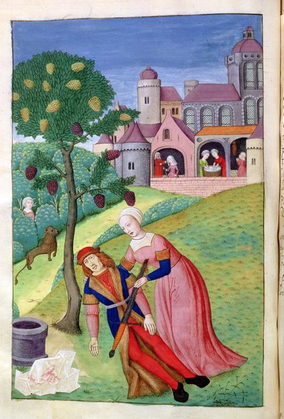 Ms 324 f.44 v. Alcithoe, Pyramus og Thisbe, Mulberry tree skifter farve, fra Metamorphoses af Ovid, 1479 af Netherlandish School