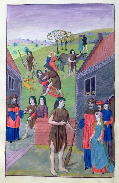 Ms 324 f.91 v. Hercules kæmper mod Achelous og tager tyren ved hornet, 1479 af Netherlandish School