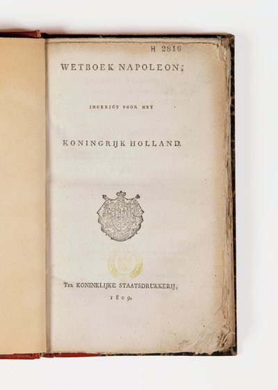 Napoleon-kode for Kongeriget Holland, åben på titelbladet, udgivet Koninklijke Staatsdrukkerij, 1809 (trykt papir) af Netherlandish School