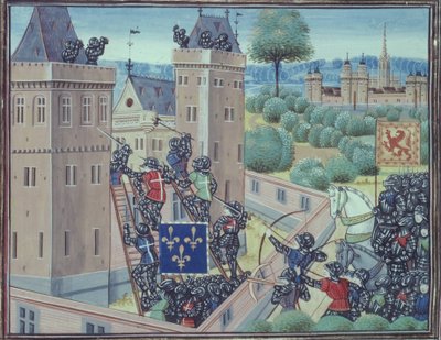 Royal 18 E.1 Fol.345 Opfangningen af Wark Castle af franskmændene og skotterne fra bog II af 