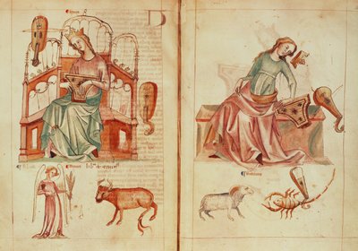 Sloane MS 3983 fol.42v-43 Venus, der spiller et instrument med sine herskende tegn og til skade, fra 