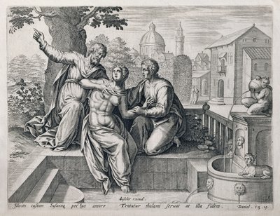 Susanna and the Elders, fra en serie, der illustrerer scener fra The Bible, pub. af Claes Jansz Visscher (c.1550-c.1612) c.1590 af Netherlandish School