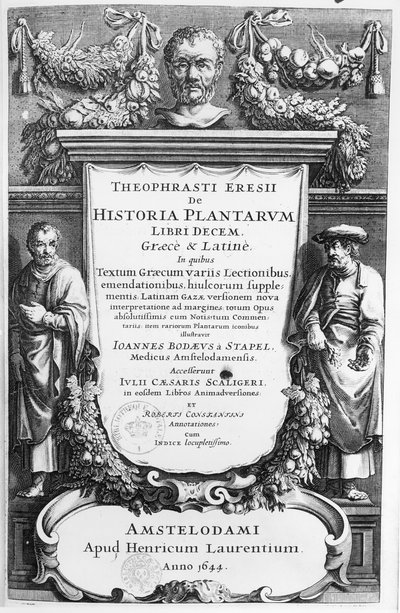 Titelblad til Historia Plantarum Libri Ten af ​​Theophrastus (ca. 372-c.287 f.Kr.) udgivet i Amsterdam i 1644 af Netherlandish School