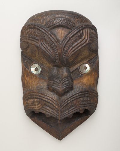 Gavlmaske (Koruru) fra Gisborne, North Island, ca. 1860 (træ og paua-skal) af New Zealand School