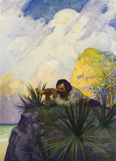 Illustration til Robinson Crusoe (farve litho) af Newell Convers (after) Wyeth
