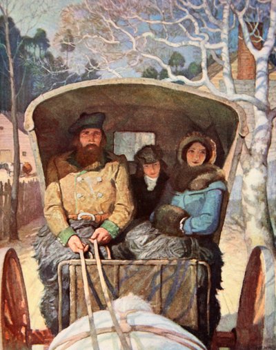 Familien Fraser klædte sig varmt ud i hestevognen (farve litho) af Newell Convers (after) Wyeth