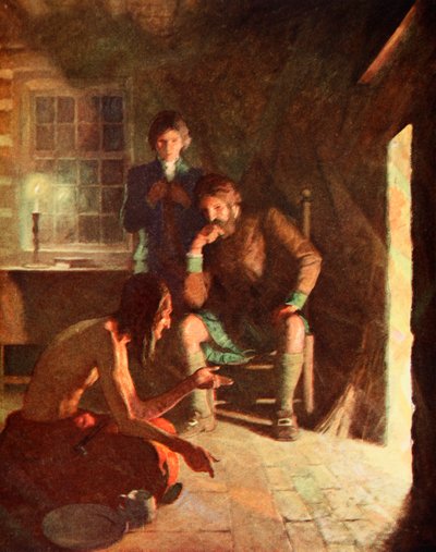 Det indiske Longthought-møde i et tidligt nybyggerhjem (farve litho) af Newell Convers (after) Wyeth