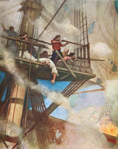 Kampen i Fire-tops mod et engelsk skib (farve litho) af Newell Convers (after) Wyeth