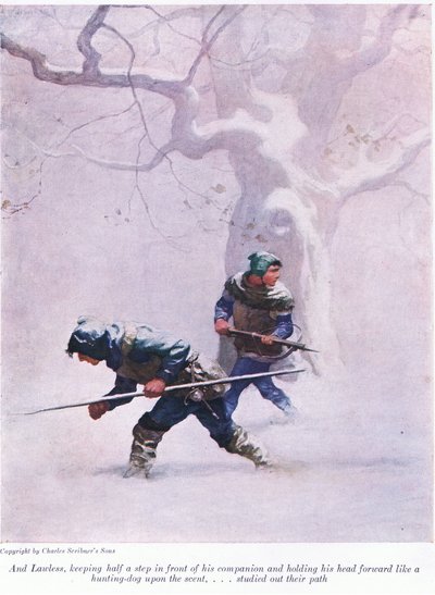 Og Lawless, der holdt et halvt skridt foran sin ledsager og holdt hovedet frem som en jagthund på duften - studerede hans vej, 1916 af Newell Convers Wyeth