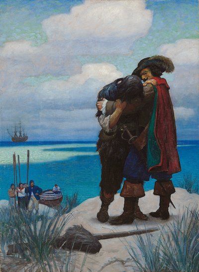 Først, i nogen tid, var jeg ikke i stand til at svare ham ét ord; Men da han havde taget mig i sine arme, holdt jeg fast ved ham, ellers skulle jeg være faldet til jorden af Newell Convers Wyeth