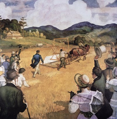 Cyrus H. McCormick (1809-84) og hans høstmaskine i 1837 (olie på lærred) af Newell Convers Wyeth