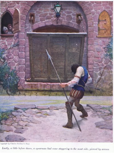 Til sidst lidt før daggry er en spydmand kommet vaklende til voldgravssiden, gennemboret af pile, 1916 af Newell Convers Wyeth