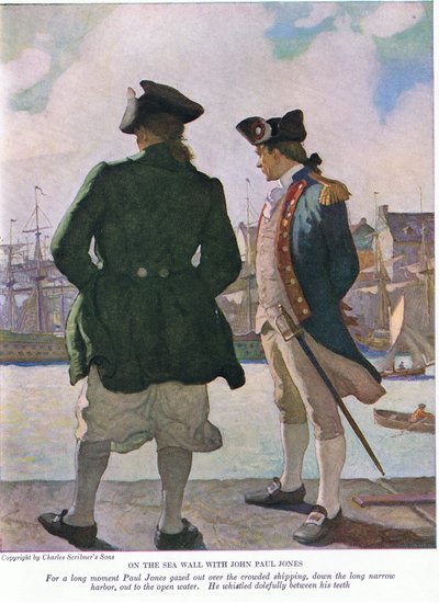 På havmuren med John Paul Jones: I et langt øjeblik stirrede John Paul ud over skibsfarten langs havnen til det åbne vand, 1928 af Newell Convers Wyeth