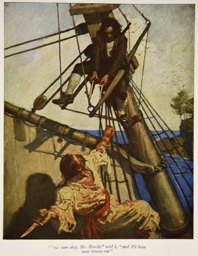 Et skridt mere, Mr. Hands, sagde jeg, og jeg vil blæse dine hjerner ud, en illustration fra 