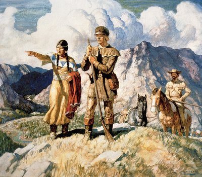 Sacagawea med Lewis og Clark under deres ekspedition 1804-06 (farve litho) af Newell Convers Wyeth