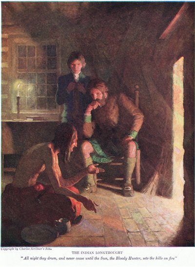 Den indiske lange tanke! Hele natten trommer de, og de holder aldrig op, indtil solen, den blodige jæger, sætter bjergene i brand, 1928 af Newell Convers Wyeth