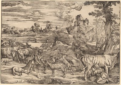 Landskab med en malkepige af Niccolò Boldrini after Titian