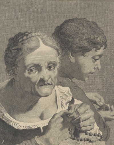 Kopi på bagsiden af en gammel kvinde med rosenkrans og en dreng, der tæller mønter, tallerken 10 fr..., ca. 1750-90. af Niccolò Cavalli