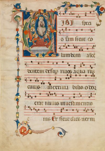 Manuskriptblad med Jomfruens antagelse i et indledende V, fra et antifonarium, ca. 1340. af Niccolò di ser Sozzo