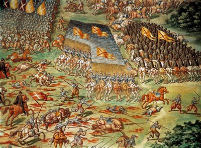 Slaget ved St. Quentin (Saint Quentin), som så spaniernes sejr over franskmændene i 1557 under de italienske krige, detaljeret med kavaleriangreb af Niccolo (and workshop) Granello